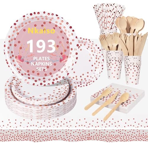 Nkaiso Platos y Vasos Desechables, 193 Piezas Oro Rosa Vajilla Cumpleaños Infantil Juego para Fiestas Platos Carton Servilletas Cubiertos para Baby Shower Aniversarios -24 Invitado