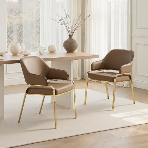 DAYALANE Lot de 2 Chaises de Salle à Manger, Élégant et Pieds Doré, Marron | Chaise de Cuisine Moderne en Cuire PU, Chaises de Salon Scandinave avec Cadre en Métal Doré, pour Bureau Chambre