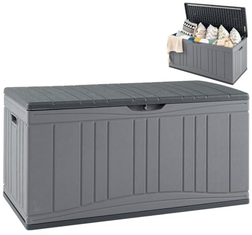 COSTWAY 300L/380L Garden Storage Box, Waterproof Resin Deck Box Bench with Lockable Lid & Side Handles, Wood Texture Outdoor Patio Storage Container for Cushion Tool Toy (Grey,300L)