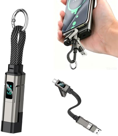 StreamSafe Portable 4 in 1 USB C Keychain Charging Cable, 65W LED Display | 65W Fast Charging, USB-C USB-A Lightning Connectors, Short Braided Keyring Cable for Phone, Tablet, Laptop, Car and Travel