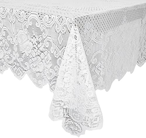 Juvale Tischdecke Spitze - Rechteckig, Polyester, Wiederverwendbar, Maschinenwaschbar - Blumenmuster und Wellenkanten - Für Geburtstage, Hochzeiten - Weiß, 1,4 x 1,8 Meters