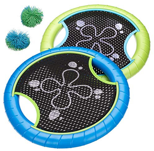 Nexos Trading Beachball Wurfspiel für Kinder 2 Frisbees mit 2 Wuschelbällen Gartenspiel Outdoor Klettball Catchball Strandspielzeug 4 teilig