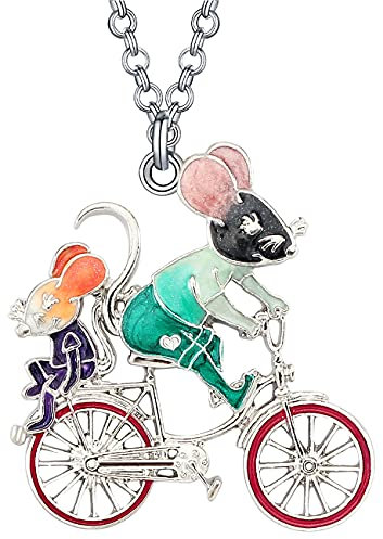 WEVENI Enamel Alloy Cute Cycling Mouse Necklace Rat Pendant Charms Fashion Jewelry for Women Girls Gifts (Multi)