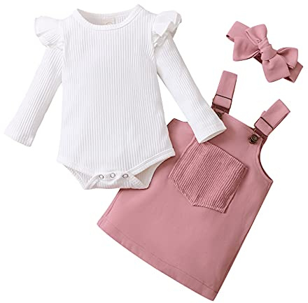 Carolilly Nouveau-né Bébé Fille Vêtements 3Pcs Ensemble Jupe Porte Jarretelles et Haut Combinaison à Volants Manches Longues + Bandeau Tenue Set Infantile Automne Hiver 0-18M