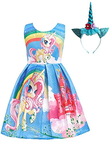 Lito Angels Einhorn Kleid Kostüm mit Haarreifen für Kinder Mädchen, Little Pony Prinzessin Sommerkleid Geburtstag Kinderkleidung, Größe 4-5 Jahre 110, Stil C - Blau