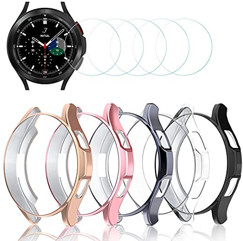 Simpeak 4 Piezas Funda y Protector Pantalla Vidrio Compatible con Samsung Galaxy Watch 4 Classic 46mm, Slim Suave TPU Protector de Pantalla Ligero Anti-Arañazos, Negro,Transparente,Gris,Oro Rosa