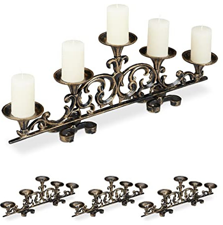 4 x Kerzenständer antik, 5-armig, Kerzenhalter Stumpenkerzen, Shabby Chic, Gusseisen, HBT 20 x 59 x 9,5 cm, Bronze