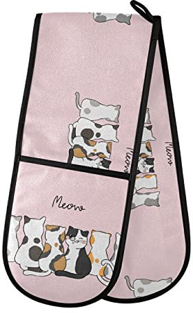 Six Doodle Cartoon Cute Cats Sitting on Pink Double Oven Mitt Gloves Extra Long Potholder High Heat Resistant for Baking Cooking Baking Grilling Handling Hots Pans 35x7