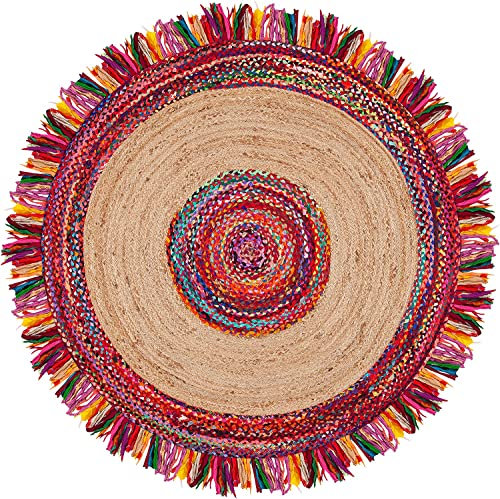 VIPANTH EXPORTS Tapis Rond en Jute et Coton tissé à la Main pour décoration d'intérieur, Cuisine, Couloir,(210 x 210 cm, Rond, Multicolore 4)