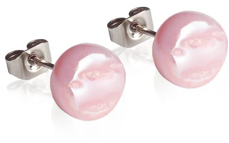 Runde Ohrstecker mit rosa Stein in Perlmuttoptik • Bunte Ohrringe für Damen • Nachhaltiger Modeschmuck aus Edelstahl & Glas • Ø 8mm