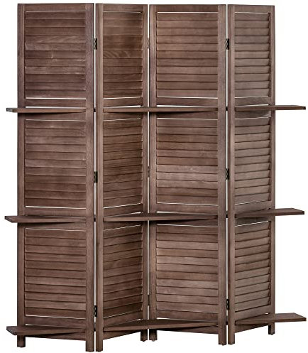 HOMCOM Paravent intérieur 4 Panneaux 162L x 170H cm 3 étagères Pliables séparateur de pièce Portes persiennes Bois de Paulownia Noyer