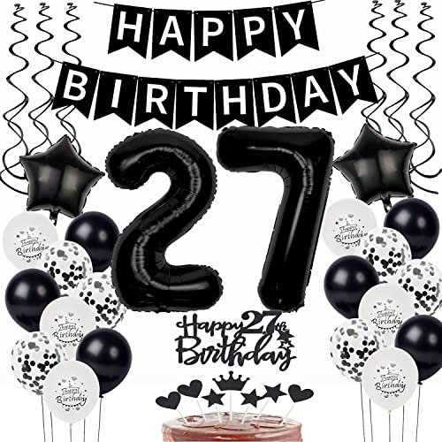 Schwarz Weiß Luftballons 27. Geburtstag Dekoration,Geburtstagsdeko 27 Jahre mann frauen Tortendeko 27 Geburtstag Ballons 27. mann Happy Birthday 27 Jahre männer deko 27