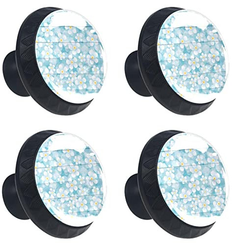 VAPOKF 4 Stück Blaues Holz Daisy Muster Schrankknöpfe 30 mm runde Schubladengriffe aus Kristallglas mit Schrauben für Küchenschrank, Kleiderschrank, Kommode, Zuhause und Büro