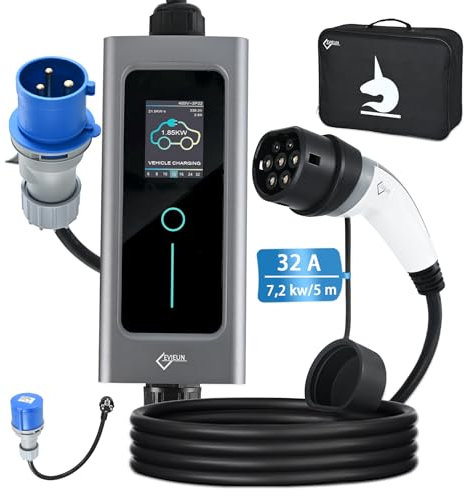 EVIEUN EV Ladekabel Typ 2 7,2 kW 1-Phasen 6-32 A 5M, EV-Ladegerät Ladekabel CEE auf Typ 2 mit Allen Elektro-und Hybridfahrzeugen, Tragbare EV-Ladestation mit Adapter für CEE auf Schuko