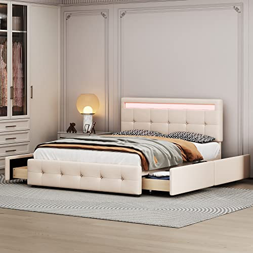 Polsterbett 140 x 200 cm mit LED, Lattenrost & Bettkasten auf Rollen, Doppelbett mit Kopfteil & 4 Schubladen, hautfreudliches Leinen-Oberfläche Kinderbett Jugendbett Gästebett, (ohne Matratze) (Beige)