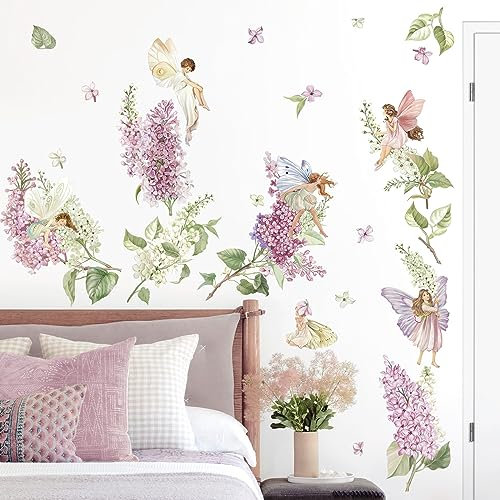 wondever Wandtattoo Blumen Lila Feen Wandaufkleber Garten Blume Elfen Mädchen Wandsticker Wanddeko für Kinderzimmer Schlafzimmer Babyzimmer