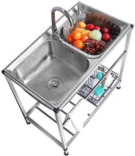 Catering Sink Commercial Stainless Steel Double Bowl Unit with Hot and Cold Tap & Drainer Kitchen Restaurant Sink with Storage Shelf