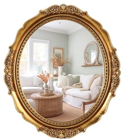 Barocker Speisespiegel an der Wand, Ovaler Spiegel im Shabby-Stil, Dekorativer Hängespiegel in Antikgold für Waschtisch-Badezimmer (Color : Gold, Size : 35x40cm/14x16in)