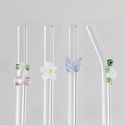 Glass Straw Set (6-Piece) with Turtle, Butterfly, Cherry, Flower - Eco-Friendly Reusable Drinking Straws, 20cm, Includes Curved & Straight Straws + 2 Cleaning Kits for Smoothies, Coffee, BPA Free