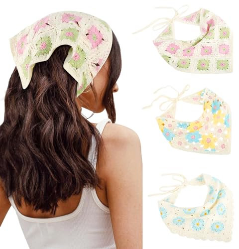 Qlauca 3 x Bandanas für Damen, gehäkeltes Stirnband, dreieckiges Kopftuch für Damenhaar, niedliches Stricktuch