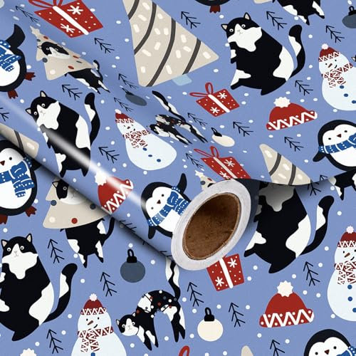 LeZakaa Weihnachts-Geschenkpapierrolle – lustige Katze, Pinguin, Schneemann, Geschenk-Box, weihnachtliches verspieltes Design für Weihnachten, Urlaubsparty, Geschenkpapier – 43,2 x 16,4 Fuß (23,2 m²)