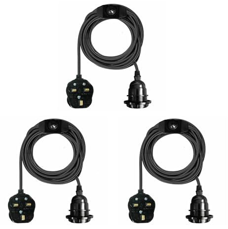 LEDSONE Vintage 3Pack Pendant Light Kit with Fabric Flex Cable 2m Hanging Light Fitting with E27 Bulb Socket and Plug with Switch Ideal for Home, Studio, Office, Café, or Decorative Lighting (Black)