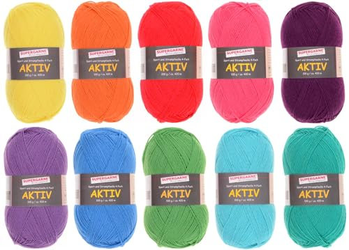 SUPERGARNE Sockenwolle Aktiv 4-fädig – 1000 g (10x100g), Strapazierfähig, Maschinenwaschbar, Made in Italy, Ideal für Socken und Strickprojekt (UNI Bunt)