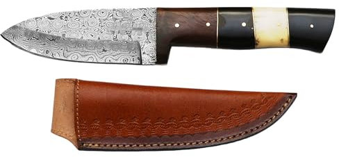 Novahaven Premium Handgefertigtes Damaststahl-Skinner-Messer aus Damaststahl - 22,23 cm Klinge mit Rosenholz-, Schwarzhorn- und Kamelknochen-Griff - Ideal für Küche, Häuten und Outdoor-Aktivitäten