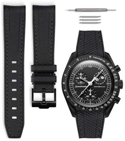 HORACE Bracelet de montre caoutchouc compatible avec Omega x Swatch MoonSwatch 20mm (Noir/Couture Noir - Noir)