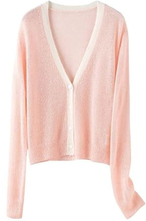 Generico Cardigan da Donna a Maniche Lunghe, Corto, Aperto sul Davanti, a Blocchi di Colore, a Coste, con Scollo a V, vestibilità Aderente, Elegante, Giacca, Capospalla per L'autunno, Rosa Chiaro M