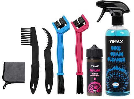 YIMAX Fahrrad Kettenreinigungs-Set: 500ml Entfetter Spray & 120ml Trocken Schmierstoff mit Bürsten | Komplett-Set zur Antriebswartung für Rennräder, Mountainbikes und Trekkingräder
