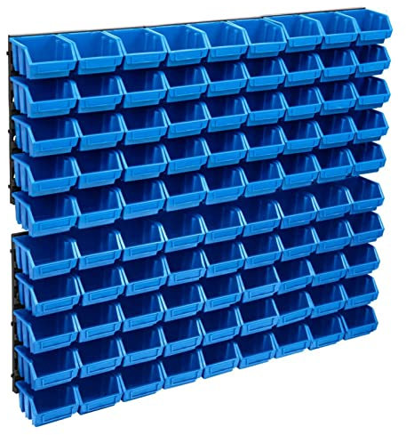 Homgoday Kit de Bacs de Stockage et Panneaux Muraux 96 pièce Bleu et Noir, Étagère Murale de Rangement avec Boîtes Empilables, Mural Organisateur Support Outils pour Atelier et Garage