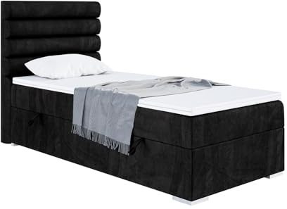 MEBLINI Boxspringbett mit Bettkasten - Gepolstert Einzelbett mit Matratze und Topper - Polsterbett mit Stauraum - Bett mit Kopfteil - Stauraumbett - Karim - 100x200 Links - H4/Schwarz Samt