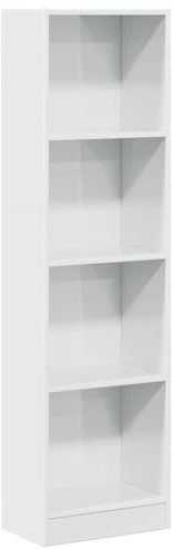 vidaXL bookcase high gloss white engineered wood - bookshelf organizing modern storage furniture with 4 open compartments for home office or bedroom decor, 40x24x143 cm