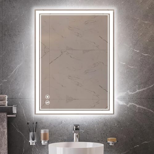 LED-Spiegel für Badezimmer mit Beleuchtung,61 x81 cm Anti-Beschlag-Effekt, dimmbar, 3 Farben, LED-Badezimmerspiegel mit Lichtern, Memory-Funktion, Smart-Spiegel, Touch-Sensor, quadratisch, Wandmontage