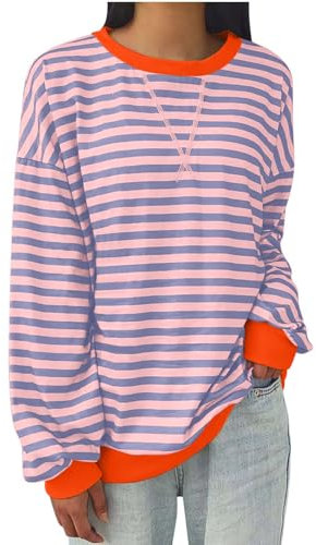 Lässige übergroße Damen-Tops, Damen-Tops, Fitness-Tops für Damen, UK 2024, trendige Kleidung, gestreifter Druck, T-Shirt, Rundhalsausschnitt, lange Ärmel, lockere Passform, Langarm-Shirts, A07 Pink,