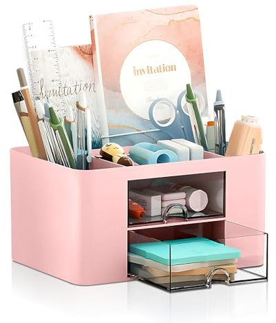 Lenfuos Schreibtisch Organizer mit 2 Schubladen, 360 Grad drehbarer Büro-Organizer Stifthalter, 5 Sortierfächer für Stifte, Hefter, Haftnotizen, Platzsparendes Desk Organizer (Rosa Quadrat)