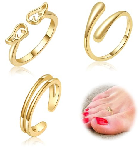 IKOPFLN 3 Stück Gold Zehenring Edelstahl Einstellbar Bend Open Toe Ring,Engelsflügel Plain Thin Toe Finger Schwanz Ring Sommer Strand Fuß-Schmuck-Set für Frauen Männer