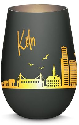 Gravur-Max Windlicht mit 360° Gravur Skyline Köln Deko Glaslicht als tolles Geschenk mit Einer hochwertigen Lasergravur zu jedem Anlass in der Farbe Schwarz/Silber