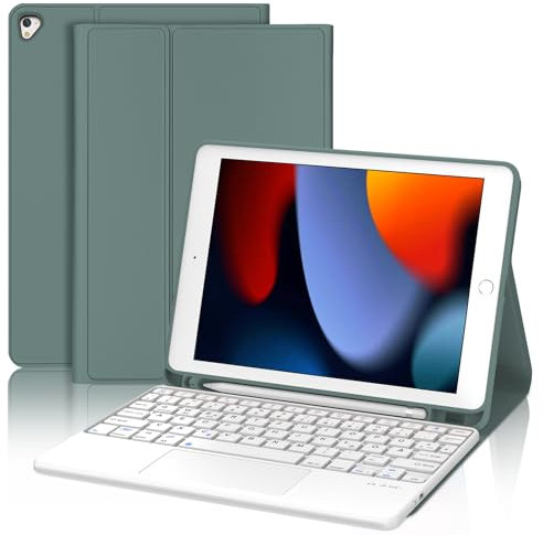 JADEMALL Für iPad 6. Generation Hülle mit Tastatur und Touchpad, Abnehmbare Bluetooth Tastatur Hülle für iPad 5./6. Gen, Pro 9.7, Air 1 & 2, QWERTZ Deutsch – Dunkelgrün