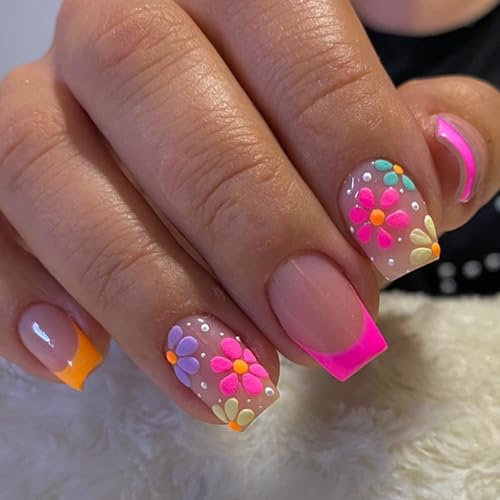 24Pcs Flower French Tip False Nails, Short Square Colorful Flowers Press on Nails with Elegant Design, Spring Summer Cute Floral Acrylic Full Cover Fake Nails for Women and Girls Manicure Decoration