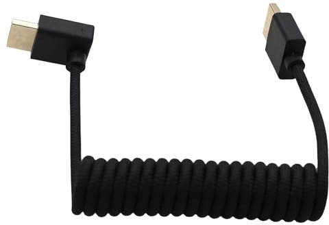 HangTon Cable HDMI de alta velocidad para ATOMOS Ninja V Shinobi, Sony, Canon, Lumix, Nikon, Blackmagic, TV, portátil, PS5, Xbox, FEELWORLD, puertos trenzados, en espiral negro, ángulo recto a recto