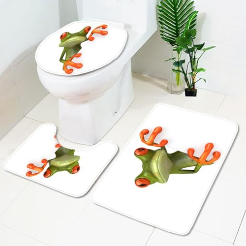 Bad Teppiche Set Frosch Grün Orange Badezimmerteppich Waschbar WC Vorleger mit Ausschnitt und WC Deckelbezug 3 Teilig Badematte rutschfest Toilettensitzbezug Badgarnitur 45x75 cm