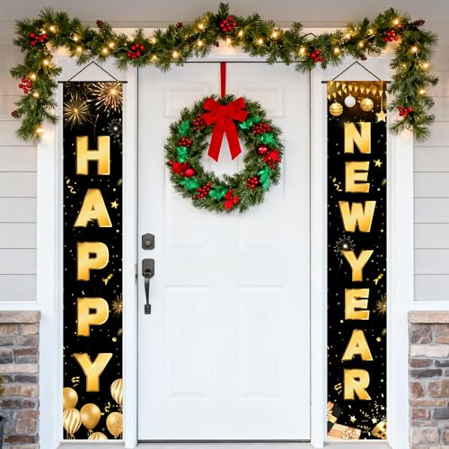 Hängende Neujahrspaare Türbanner Frohes Neues Jahr 2er Set Türbanner für die Veranda–Silvester Türbanner Frohes Neues Jahr Frohes Jahr 2026 für Eingangsbereich Veranda und Garten Türdekorationen