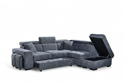 Chenille Blue L Shaped Corner Sofa Bed with Storage Ottoman, Adjustable Headrests and 2x Foot Stools - Durable Fabric Modular Sectional Pull Out Sofa Bed 4 Seater with Black Metal Feet - RIGHT HAND
