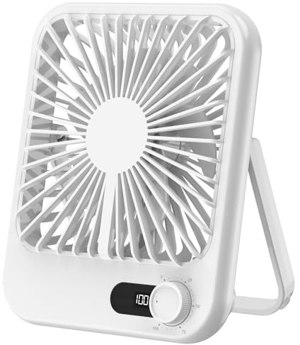 iNeibo USB Desk Fan, 2000mAh Rechargeable Ultra Quiet 1-100 Speeds Portable Cooling Fans with LED Display,180° Adjustment Small Table Fan for Home,Office,Bedroom Table and Desktop (White)