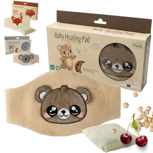 RANJI - Cinturón Anticólicos Bebé con Huesos de Cereza – Saquito de Semillas para Cólicos Bebé Recién Nacido, Algodón Orgánico GOTS & Certificación OEKO-TEX, Apto Microondas (Osito)