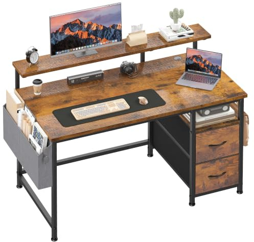 Klyvvo 100x48 cm Rechteckig Schreibtisch für Studieren, Homeoffice, Gaming | Ergonomisch Computertisch mit 2 Schubladen, 1 Hängeorganizer, Monitorständer, Kabeltüllen, 3-Verstellbare Höhe, Braun