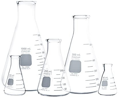 PYREX Narrow Mouth Erlenmeyer Flask with Heavy Duty Rim,Borosilicate Glass Flask – Premium Glass Chemistry Flask for Laboratory, Classroom or Home Use,PYREX Chemistry Glassware, Multipack, Set of 5