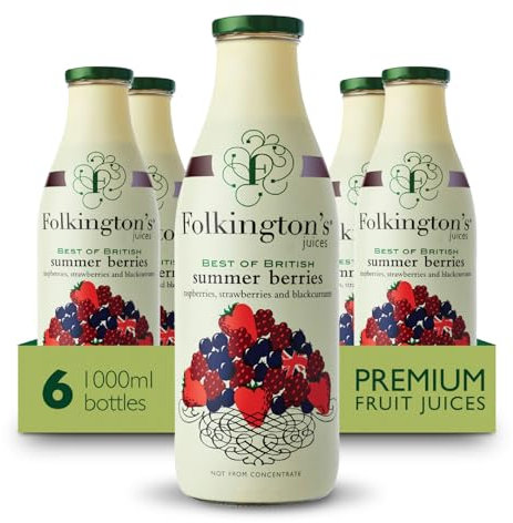 Folkington's Fruit Juice, Summer Berries, 6 Glass Bottles, Raspberries Strawberries Blackcurrants, Bulk Pack 1 Litre - Pack of 6